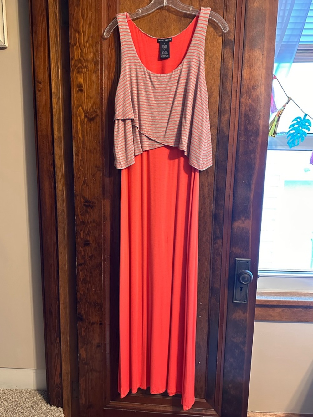 Chelsea & Theodore Women’s Coral and Grey Striped Layered Maxi Dress